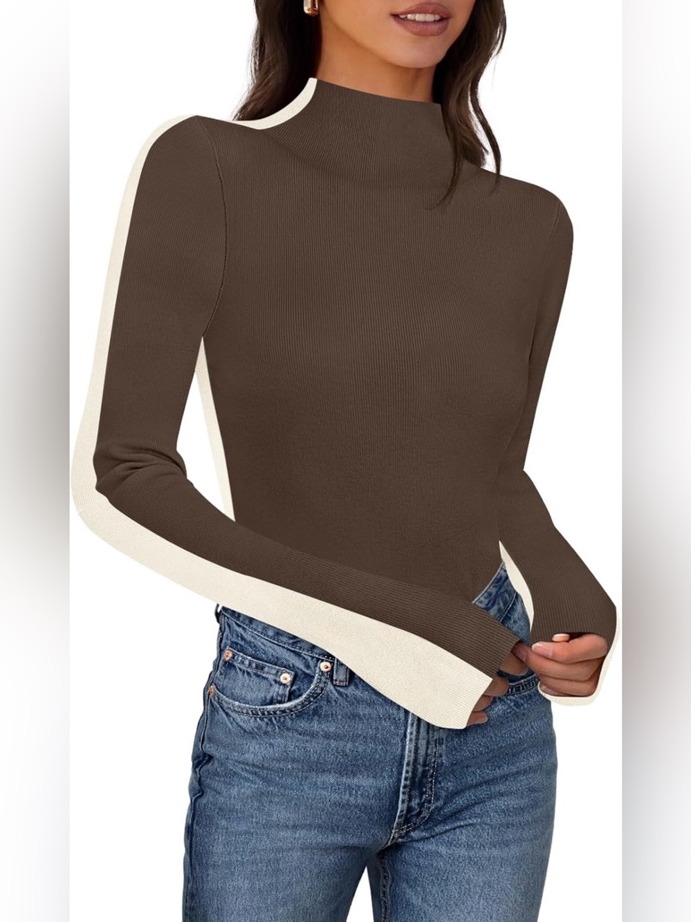 NWT Merokeety Mock Neck Lightweight Contrast-Trim Long Sleeve Top — Coffee/Cream